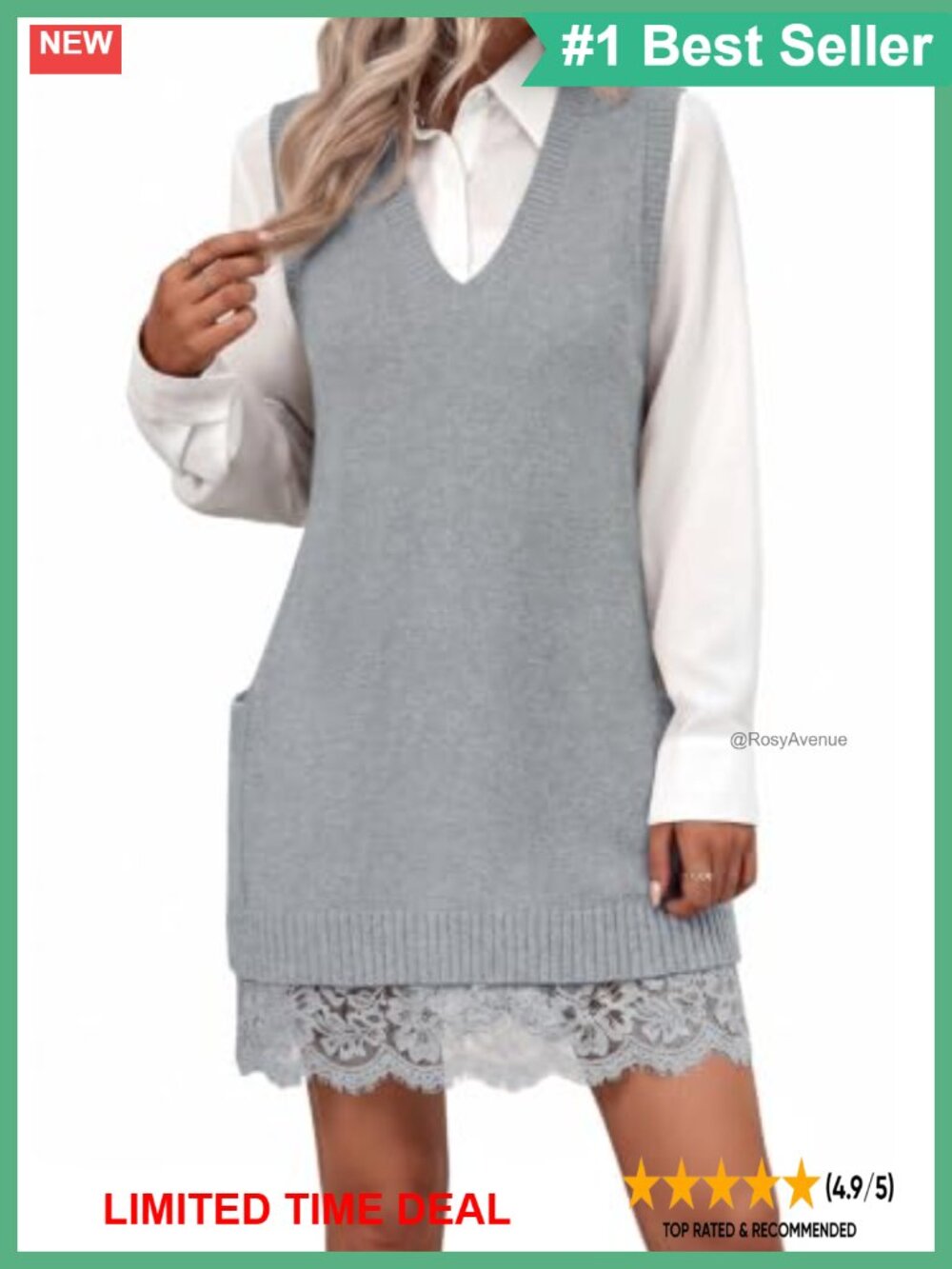 Womens V Neck Tunic Sweater Vest Lace Patchwork Sleeveless Tank
